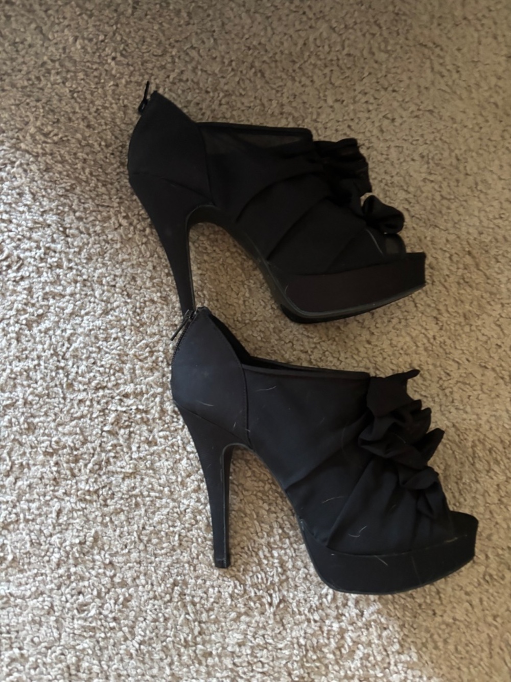 Black Satin Ruffle Peep Toe Platform Stiletto Heels Booties - Picture 2 of 5